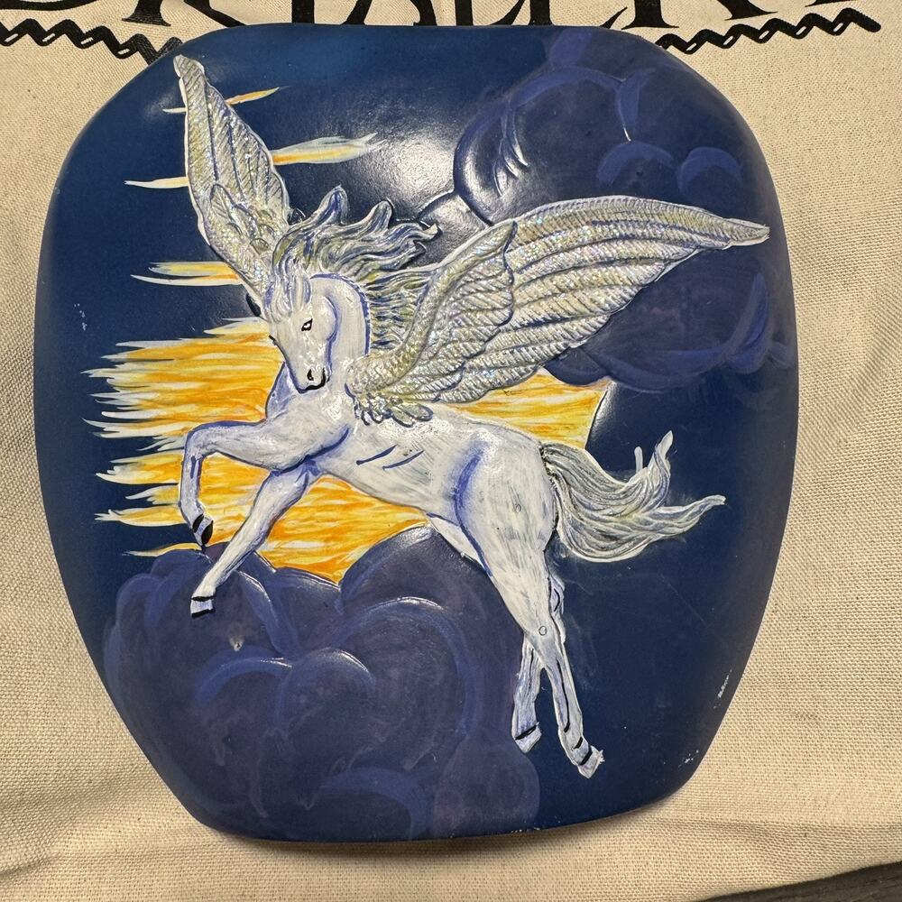 Vintage Handcrafted Flying Unicorn Pegasus Clouds Porcelain Pottery Vase Blue